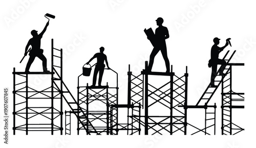 Construction workers silhouettes on scaffolding structure, building and renovation work