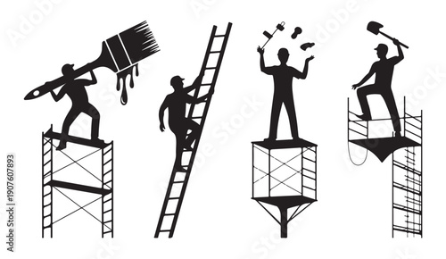 Silhouettes of construction workers on ladders and scaffolding, performing various tasks