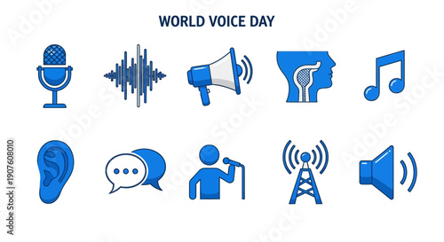 Blue icons related to voice sound and hearing arranged in two rows