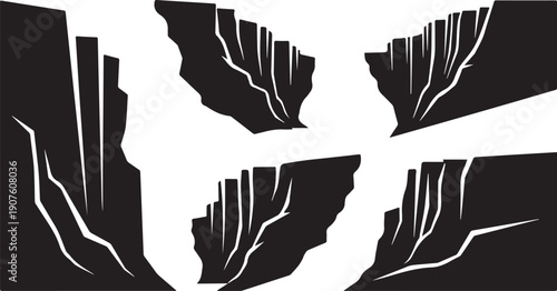 Black and white illustration of canyon landscape with cliffs