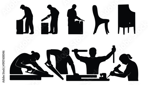 Carpenters and furniture makers working with tools, chair and cabinet shapes