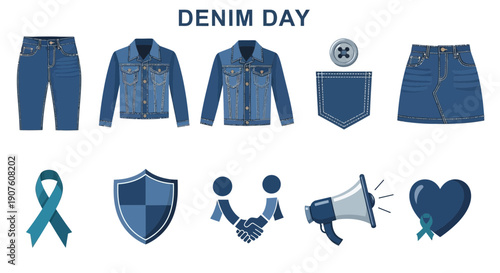 Denim Day graphic with clothing items and awareness symbols in blue hues