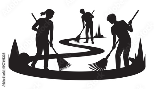 People sweeping garden path silhouette vector illustration group of cleaners working outside