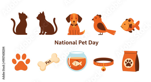 Flat icons for National Pet Day featuring cats a dog a bird a fish and pet accessories