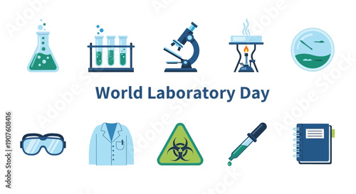 Flat icons related to laboratory work surrounding the text World Laboratory Day
