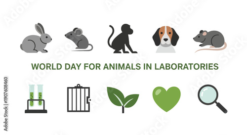 Graphic design featuring laboratory animals and symbols related to animal testing alternatives