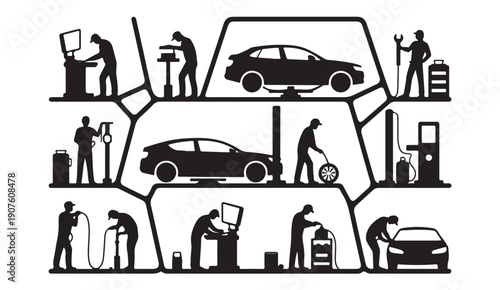 Illustration showing different stages of car service and repair in modular design