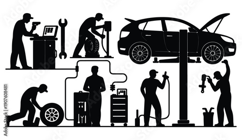 Busy auto repair workshop with mechanics performing maintenance and diagnostics on vehicle