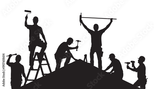 Construction workers group building rooftop with tools and ladder silhouette