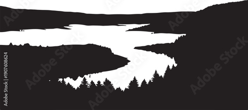 Serene black and white landscape with winding river silhouette
