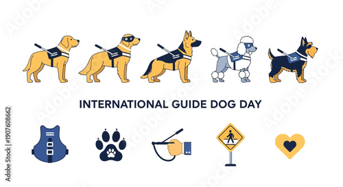 Illustration celebrating International Guide Dog Day featuring various guide dogs and related icons