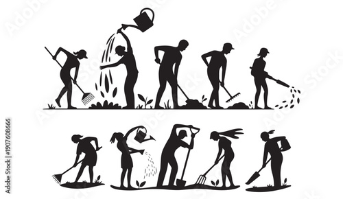 Farmers and gardeners silhouette collection working in field with agricultural tools and cans