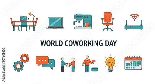 Illustration celebrating World Coworking Day with office icons above and below text