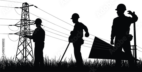 Silhouettes of electricians working on power lines and tower in grassy field utility pole worker
