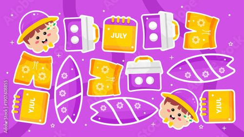 Purple pattern with floral swim shorts surfboards and happy boy