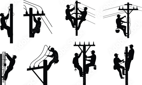 Silhouettes of linemen performing electrical work on utility poles in various poses Keywords: lineman, electrician, power pole