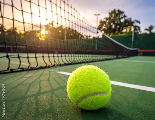 Wallpaper Mural Close-up of a vibrant yellow tennis ball on a green court, net in the background, warm sunset light Torontodigital.ca