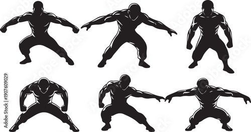 Silhouette of a muscular man in various dynamic poses