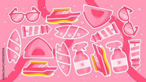 Seamless motion of pink surfing boards sunglasses and sunscreen spray icons for summer vacation branding