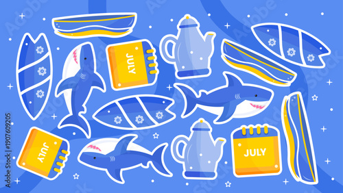 Deep blue ocean pattern with great white sharks surfboards and July calendars for nautical themes