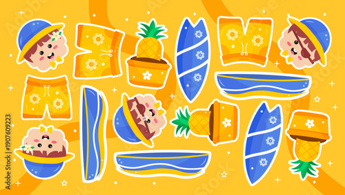 Bright yellow tropical pattern with pineapples swim shorts and blue surfboards for summer fashion
