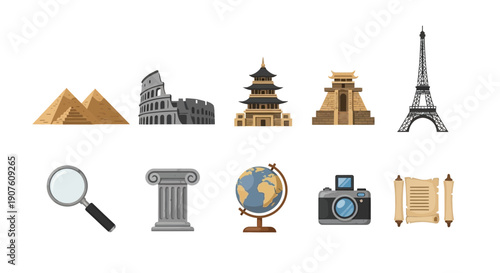 Row of historical landmarks and travel icons on a white background