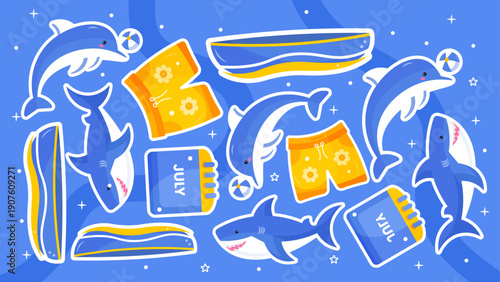 Energetic royal blue pattern with jumping dolphins sharks and swim shorts for marine sports