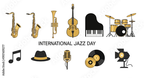 Row of golden musical instruments and jazz symbols below text