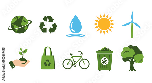 Ten green and blue ecothemed icons arranged in two rows