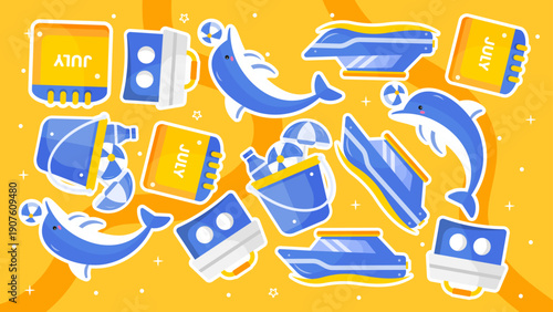 Flat design summer elements with blue dolphins boats beach buckets and July calendar icons on yellow background