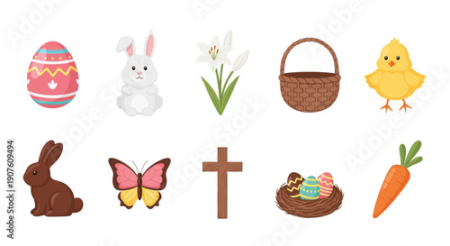 Ten assorted vector icons depicting Easter themes arranged in two rows