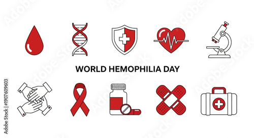 World Hemophilia Day icons including blood drop DNA shield heart rate microscope hands ribbon medicine bandage first aid kit