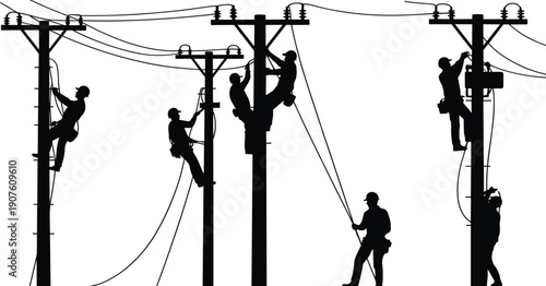 Silhouettes of linemen working on utility poles with power lines lineman electrician