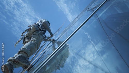 Glazier Using Suction Lifter to Install High-Rise Glass | Commercial Facade Construction Background | Industrial Safety Stock Photo