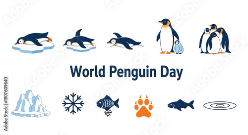 World Penguin Day graphic featuring penguins ice and related icons