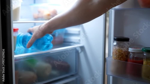 Person Opening Fridge and Grabbing Water Bottle.
