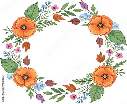 Hand Drawn Floral Wreath Vector with Orange Flowers and Green Leaves for Wedding Invitations, Greeting Cards, Frame and Decorative Design