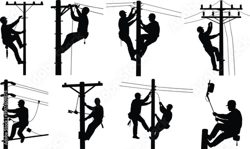 Silhouettes of linemen working on utility poles with tools and wires Keywords: lineman, electrician, utility pole, power line