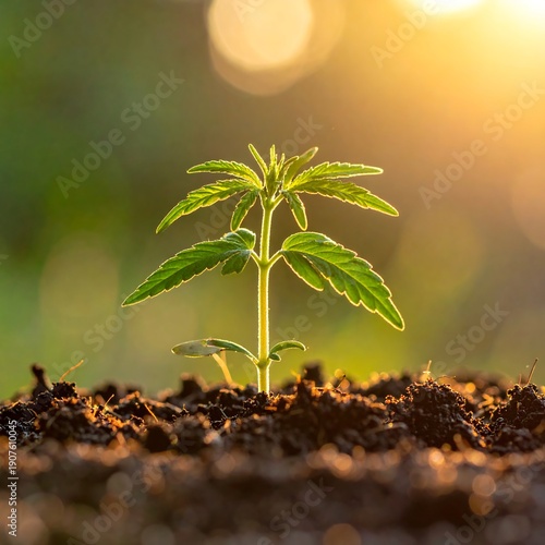 Wallpaper Mural Close-up of a vibrant, young plant with a small central stem and textured leaves, bathed in warm sunlight. Green against brown soil Torontodigital.ca