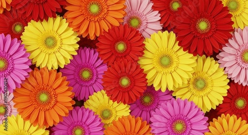 A dazzling display of intensely colored gerbera daisy blossoms tightly packed together, creating a beautiful and cheerful floral background composition, springtime, horticulture, flower