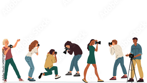 Photographers in various poses with cameras and equipment on a plain background