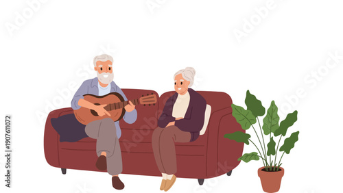 Elderly couple relaxing on sofa with guitar and plants at home