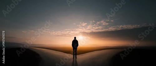Young person standing at crossroads making life decision, future choices and personal growth concept