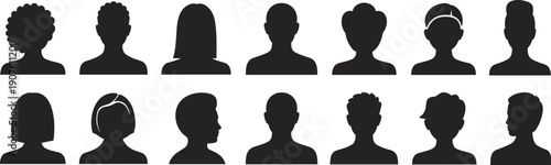 Twelve Black Silhouettes of Diverse Hairstyles and Head Shapes Keywords: silhouette, hairstyles, hair, head, people, female