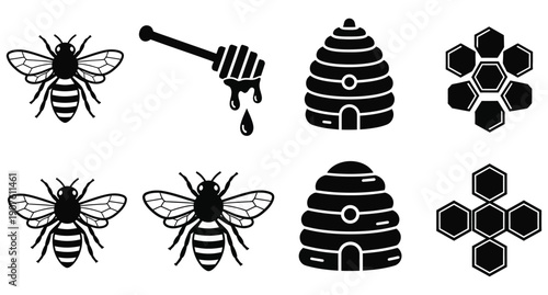 Collection of black and white silhouette icons representing essential beekeeping elements including honey dippers, detailed bees, traditional beehives, and honeycomb patterns.