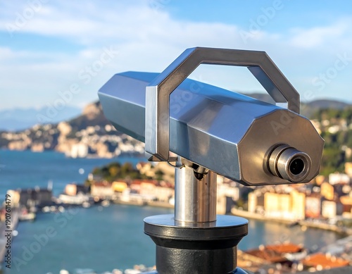 Wallpaper Mural Close-up of a viewing device. The binocular-like structure, metallic in finish, faces a hazy seascape. The sky is bright blue Torontodigital.ca