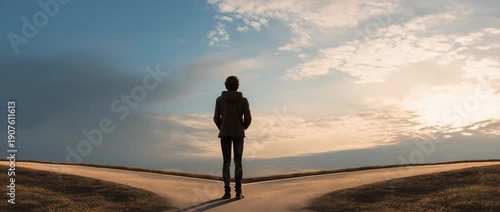 Young person standing at crossroads making life decision, future choices and personal growth concept