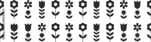 Two rows of stylized floral icons with tulips and star-shaped flowers on a white background Keywords: flowers, floral, tulip