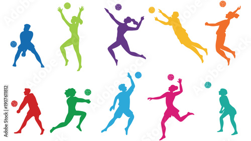 Volleyball players in various poses vector illustration with colorful silhouettes