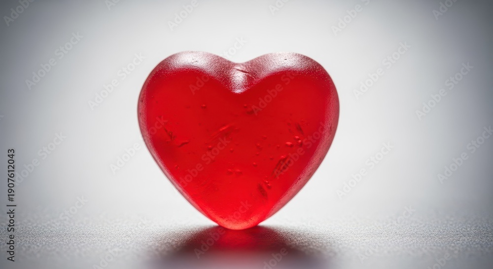 Fototapeta premium Close-up shot of a single bright red heart-shaped gummy candy with a smooth, shiny texture on a simple background, colorful, close-up, chewy